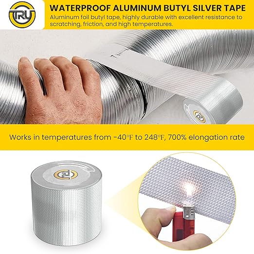 T.R.U. Jewelry T.R.U. Waterproof Aluminum Butyl Silver Tape Roof Leak Patching: Ideal for RV Repair, Glass, Air Mattress Patch, Window Caulking, Boat Sealing. 4” (100mm) X 5.55 Yds (16.7’). 2 Rolls