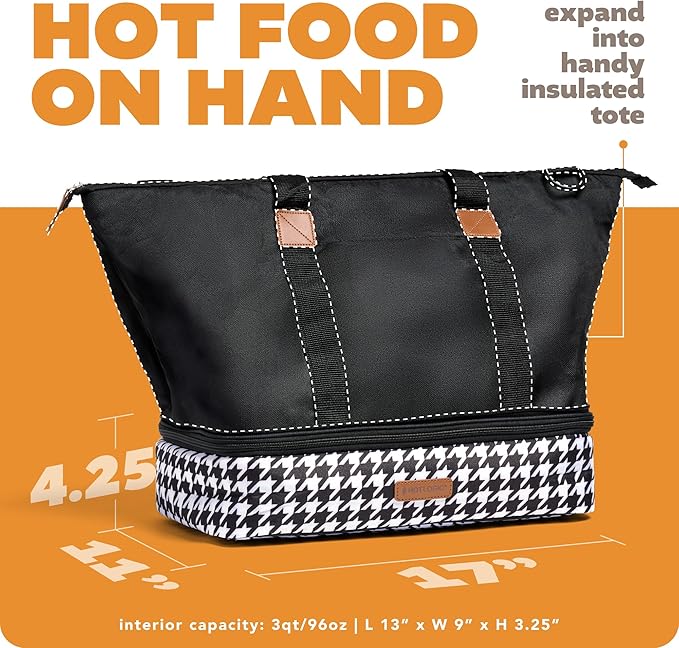 HOTLOGIC Max XP Large Portable Electric Lunch Box Food Heater W/Glass - Expandable Food Warmer Tote and Heated Lunchbox for Adults Work/Car/Home - Reheat, and Keep Your Food Warm - Houndstooth - 120V