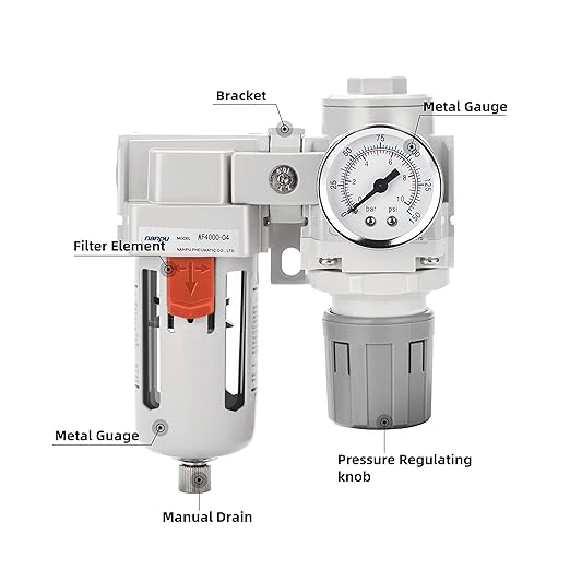 NANPU 1/2" NPT Compressed Air Filter Regulator Combo Piggyback, 5 Micron Element, Poly Bowl, Semi-Auto Drain, Bracket, Gauge (ARF4000)