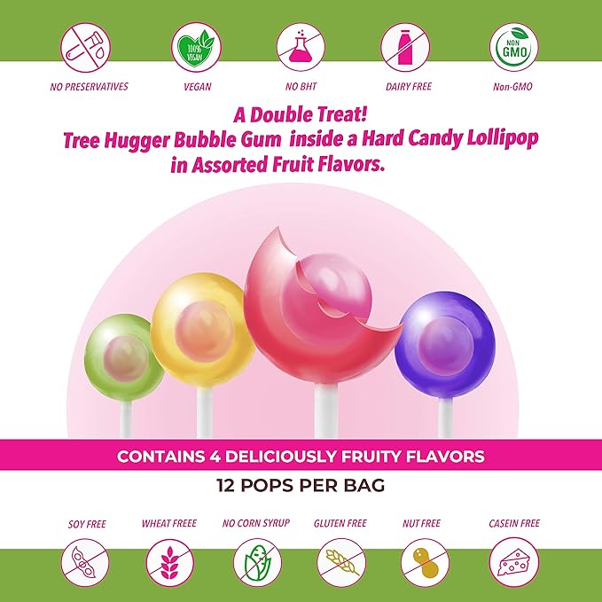 Tree Hugger Bubble Gum Filled Pops in Stand Up Resealable Bags, 6 Bags (12 Pops Per Bag).