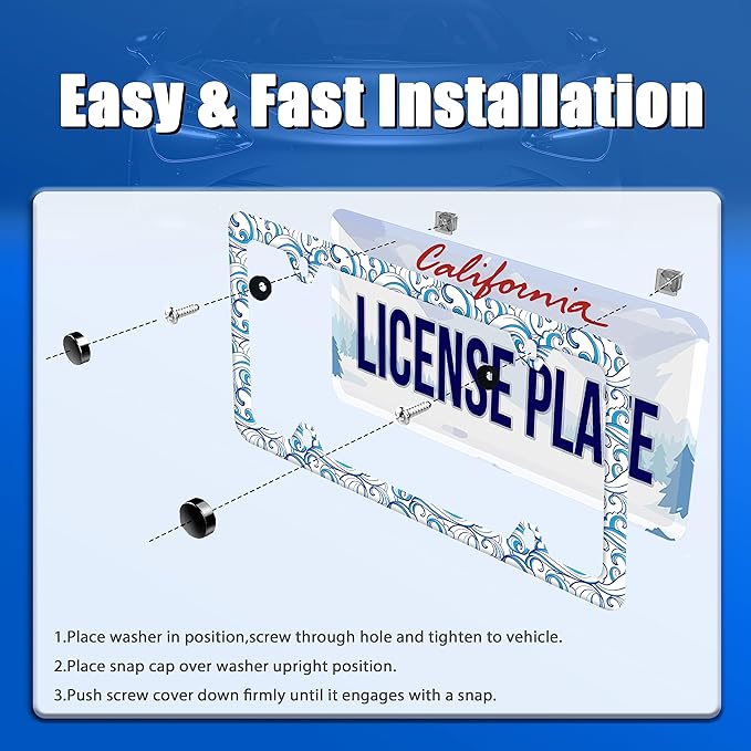 Blue Ocean Waves License Plate Frame License Plate Stainless Steel Auto Parts Colorful License Plate Funny Decorative with Screws Size 12.3" x 6.3" for Men Women