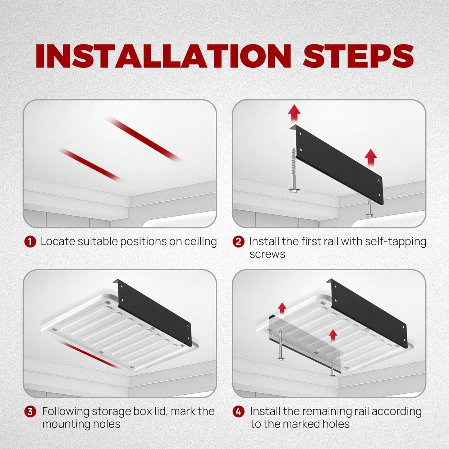 Overhead Garage Storage Rack System – Heavy-Duty Adjustable Ceiling Rails for Totes, Fits Most Storage Bins (8 Sets Hold 4 Bins Each)