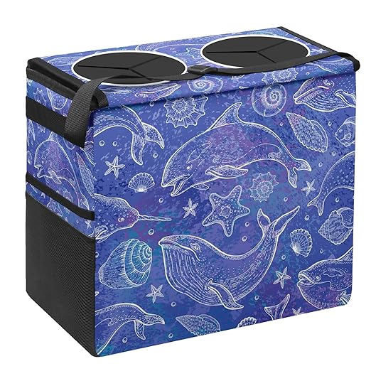 Car Trash Can Purple Whale Seashell Large Storage Garbage Can with Lid Hanging for Back Seat Leakproof Automotive Vehicle Trash Bin