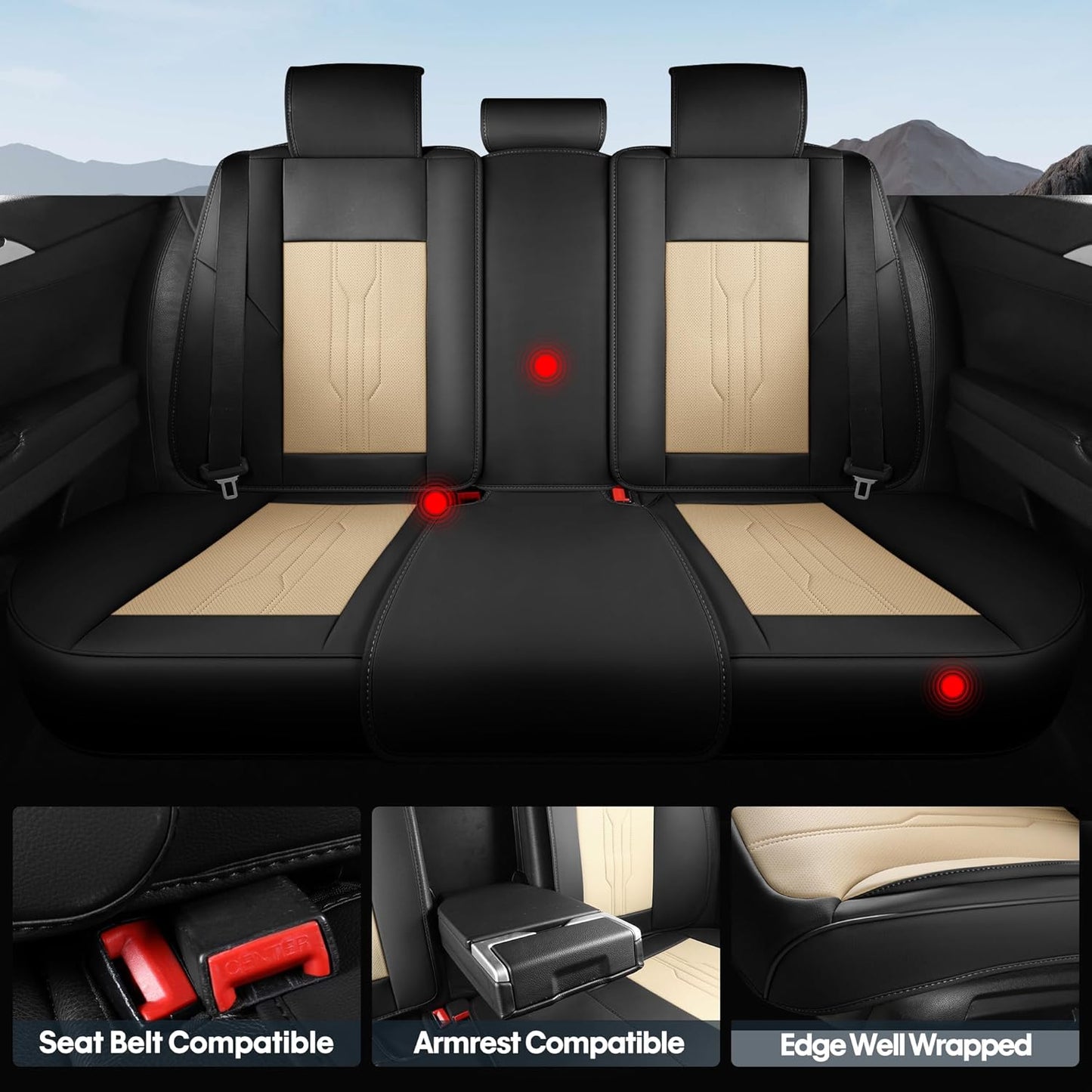 AOOG Car Seat Covers Full Set, Leather Seat Covers for Car, Waterproof Car Seat Protector with Lumbar Support, Automotive Seat Covers Universal Fit for Most Cars SUV Trucks (Full Set, Beige&Black)