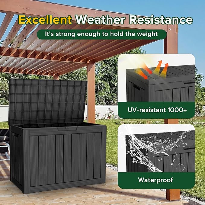45 Gallon Waterproof Deck Box, Lockable Resin Storage Box for Patio Furniture Cushions, Garden Tools & Outdoor Delivery - Black, Easy Assembly, Multipurpose Patio Seat Bench