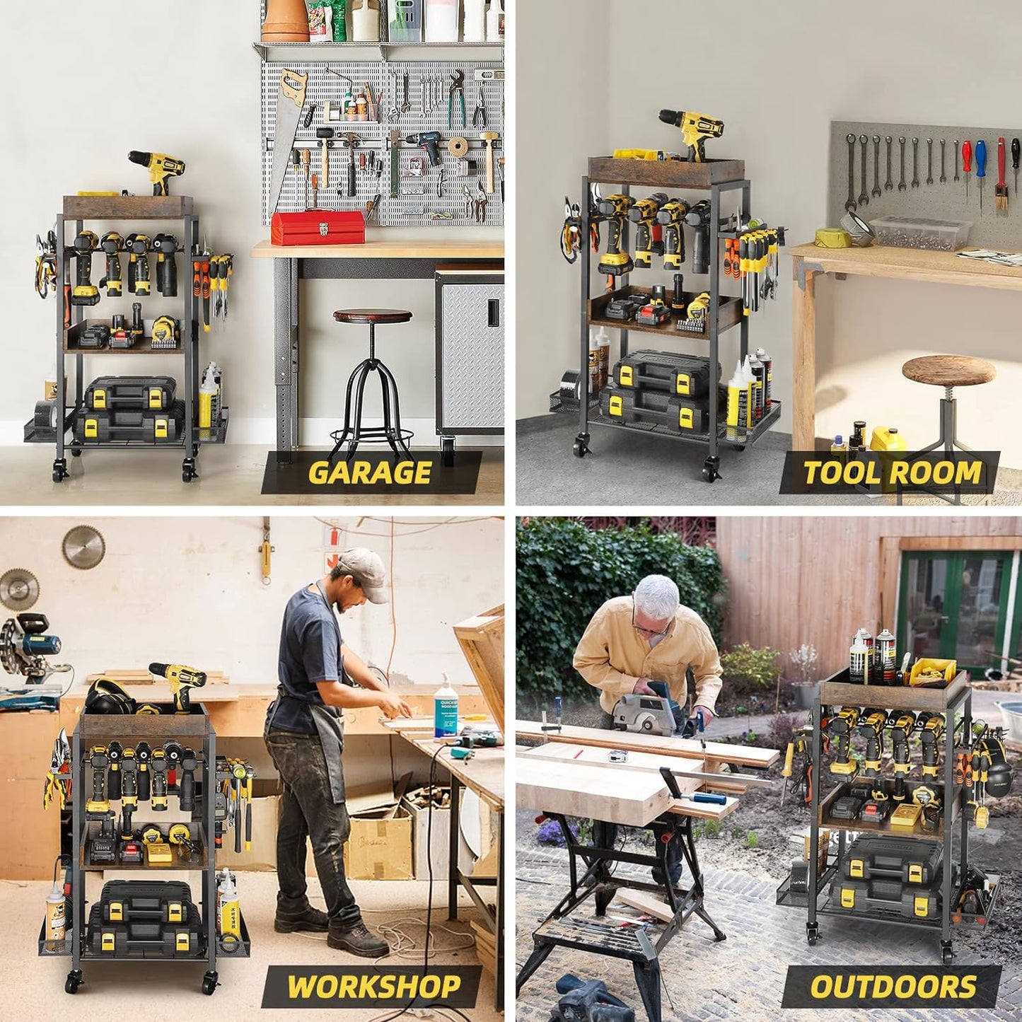 Power Tool Organizer Garage Storage Organization Shelving Tool Holder Drill Rack Shelf Rolling Cart Open Tool Chest Cabinet Box Organizer with Wheels Workshop Garage Gift Ideas for Men Dad