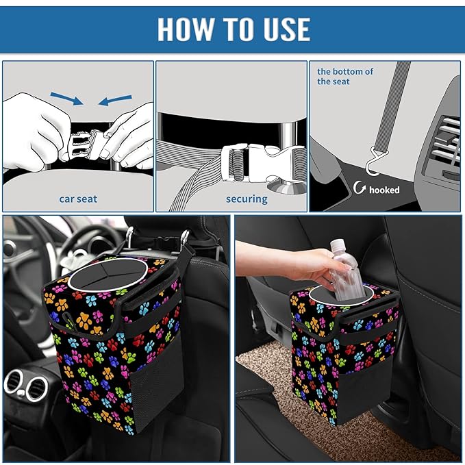 Paws Cat & Dog Print Trash Can with Lid - Collapsible, Reusable, Waterproof Car Garbage Can, Interior Car Organizer