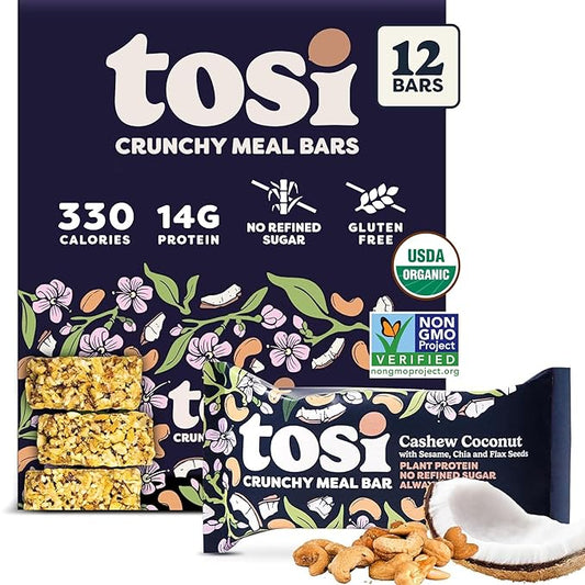 Tosi Cashew Coconut Protein Bars, Plant Based with Nuts, Gluten-Free Crunchy Snacks, Vegan, Organic, Flax & Chia Seeds, Soy-Free, Omega 3s, 14G Protein, 2.4 oz, 12-Pack