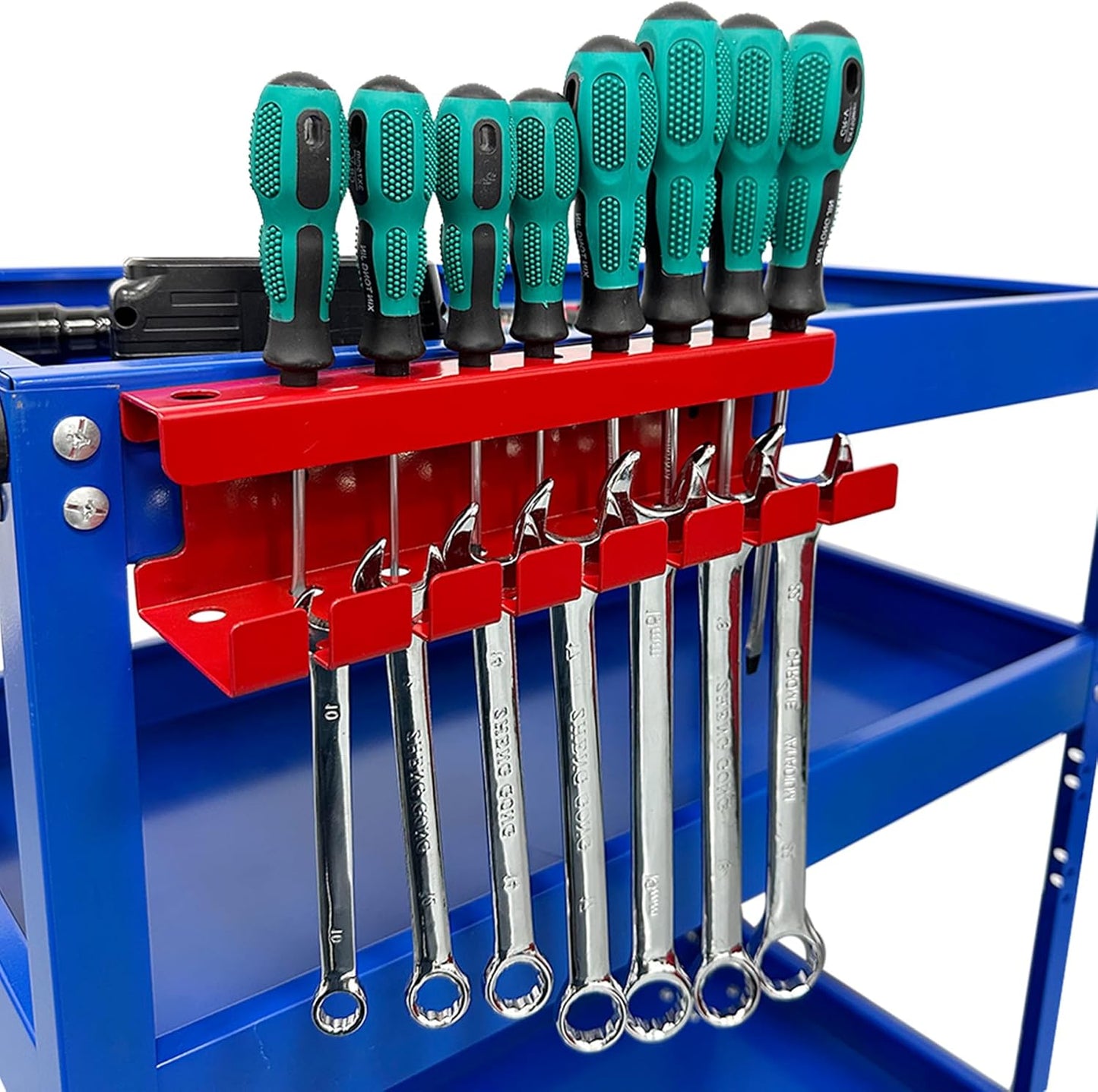 MUTUACTOR Magnetic Wrench Holder Heavy Duty,Anti-scratch Magnetic Mount Screwdriver Holders, 2 Layers Wrench Screw Drivers Holder for Work Bench Toolbox Tool Cart,1PCS,Red,9 Holes and 7 Slots