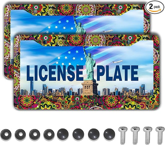 License Plate Frames Multicolor License Plate Frame Hippie Boho Floral Bright Color Folk Daisy Flower Universal Aluminum Car Accessory 2 Pack with Screw Covers Set