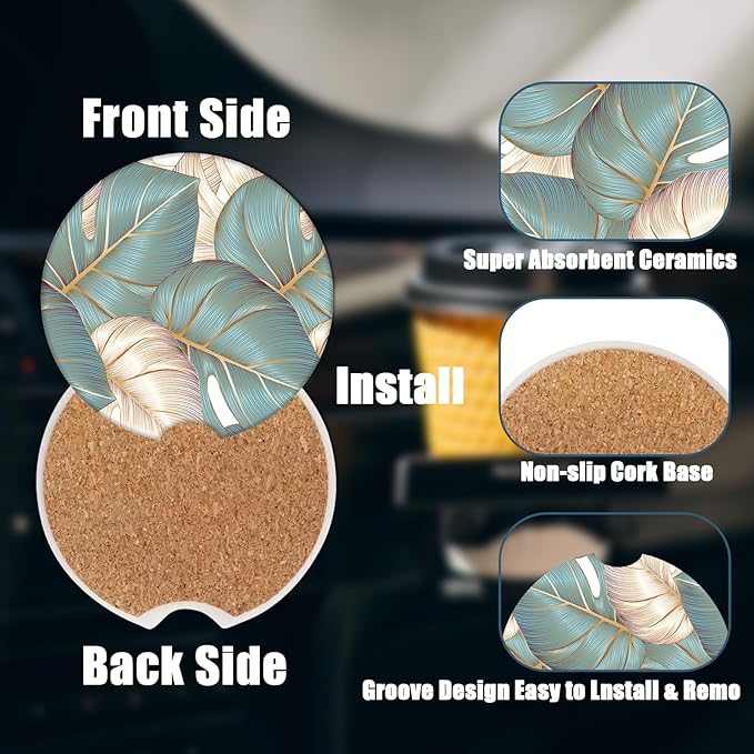 Car Cup Holder Coaster - Cyan Leaf Absorbent Ceramic Coaster 2 Pack, Car Coasters for Cup Holders, Fashion Car Interior Accessories Drink Coaster for Women & Men