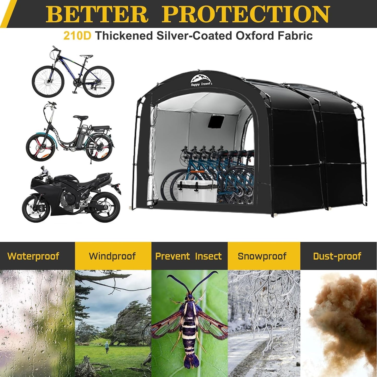 Happy Travel Bike Storage Tent, Outdoor 8×7×6.3ft Large 2-in-1 Portable Shed More 30% Top Space W/Double Doors with Mesh, Outside Lawn Mower Shelter and Bicycle Cover for Patio Furniture, Garden Tools