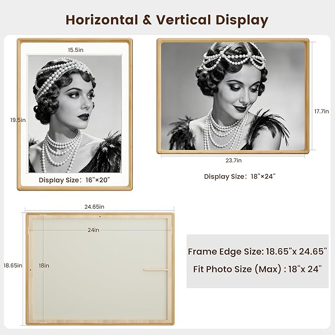 HELPLEX 18x24 Premium Picture Frame Set of 2 - Solid Oak Wood, UV-Blocking Plexiglass, Convertible 16x20 Matted or 18x24 Open Display - Wall Art Gallery & Luxury Home Decor