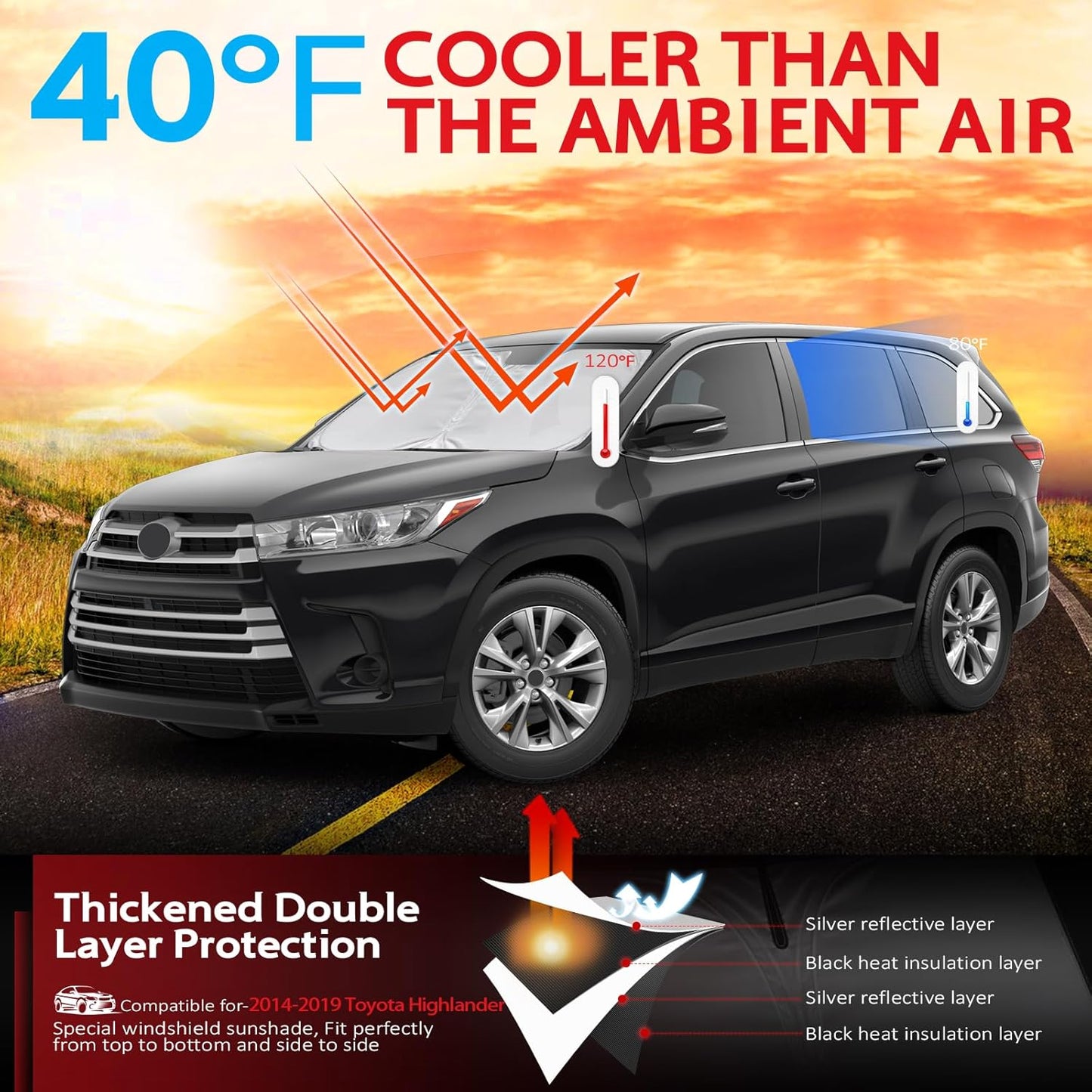 KAYZT Windshield Sun Shade for 2014-2019 Toyota Highlander SUV Foldable Sunshade Front Window Custom Fit Car Accessories