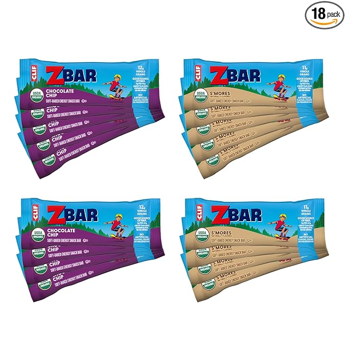 Zbar - Chocolate Chip and S'mores - Variety Pack - Soft Baked Snack Bars - Non-GMO - 11g Whole Grains - USDA Organic Granola Bars, School Snacks (18 Pack)