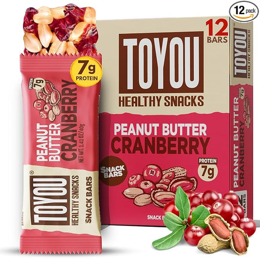 ToYou Chewy Fruit and Nut Bars - Healthy Protein Snacks | Peanut Butter Cranberry - 1.41 Ounce (Pack of 12) | Soft Chewy, Vegan, Fiber-packed Granola Bars for Adults and Kids, Made with Natural Ingredients