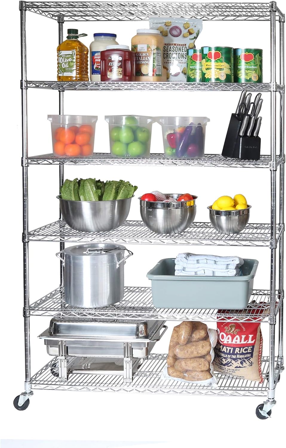 Seville Classics UltraDurable Heavy Duty NSF Solid Steel Wire Rack Storage Unit Wheels, 6-Tier Shelving, 48" W x 18" D
