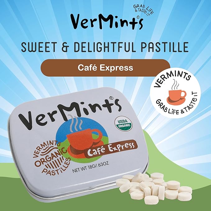 VerMints Organic Breath Mints Café Express - Real Ingredients, Lasting Coffee Flavor - Travel Size Tins - Non-GMO, Nut Free, Gluten Free, Vegan & Kosher Coffee Candy - .63oz/18g (Pack of 12)