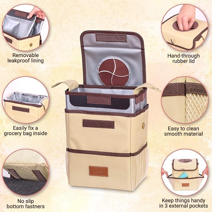 Creathing Car Trash Can | Touring Edition | Detachable Leak-Proof Liner & Odor-Sealing Lid - Universal Hanging Garbage Bin for Cars, SUVs, Trucks (2 Gal, Beige)