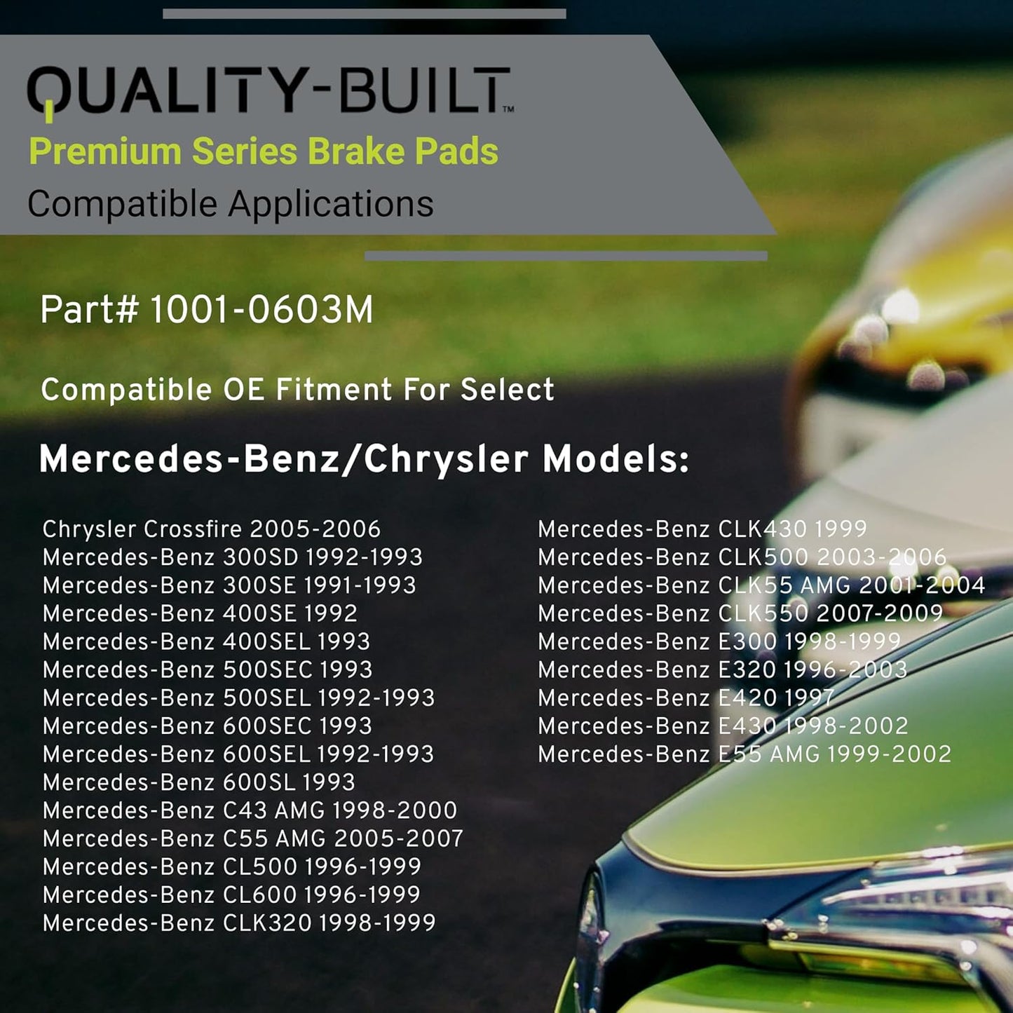 Premium Semi-Metallic Rear Brake Pads (1001-0603M) Compatible with 1991-2010 Chrysler/Mercedes-Benz (300SD/300SE/400SE/400SEL/500SEC/500SEL/600SEC/600SEL/600SL/C43 AMG/C55 AMG/CL500)