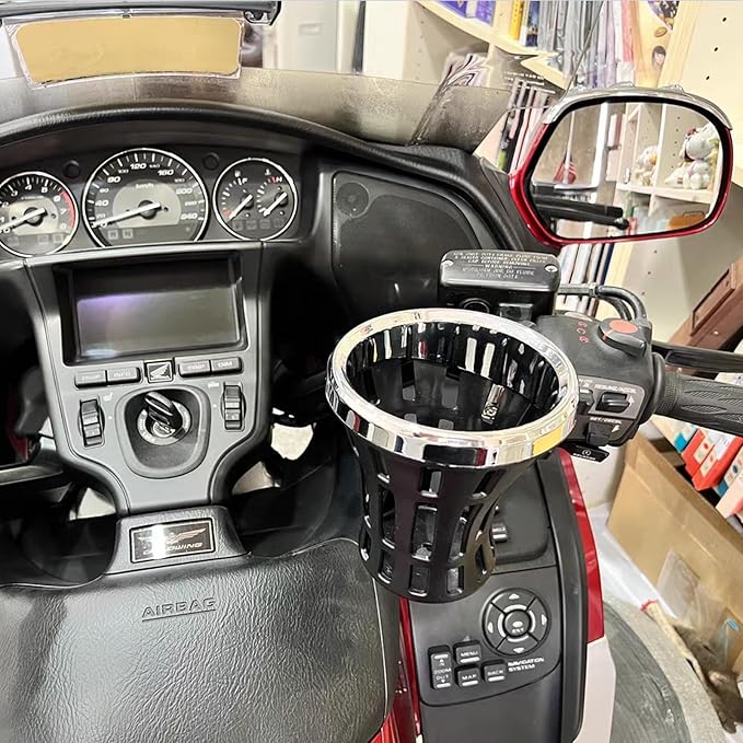 Motorcycle Handlebar Drink Cup Holder Plated and Rubber Chrome/Black Mount for Harley Davidson Passenger Water Bottle Holder with Mesh Basket for Honda Goldwing GL 1800 (102/142 MM)