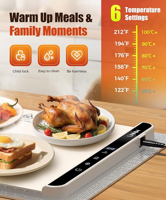 Food Warming Mat with Heat-Resistant Pad, 26X15 Inch, 6 Temperature & 6 Timer Settings, Child Lock Safety, Electric Warming Tray for Gatherings,Parties,Everyday Use