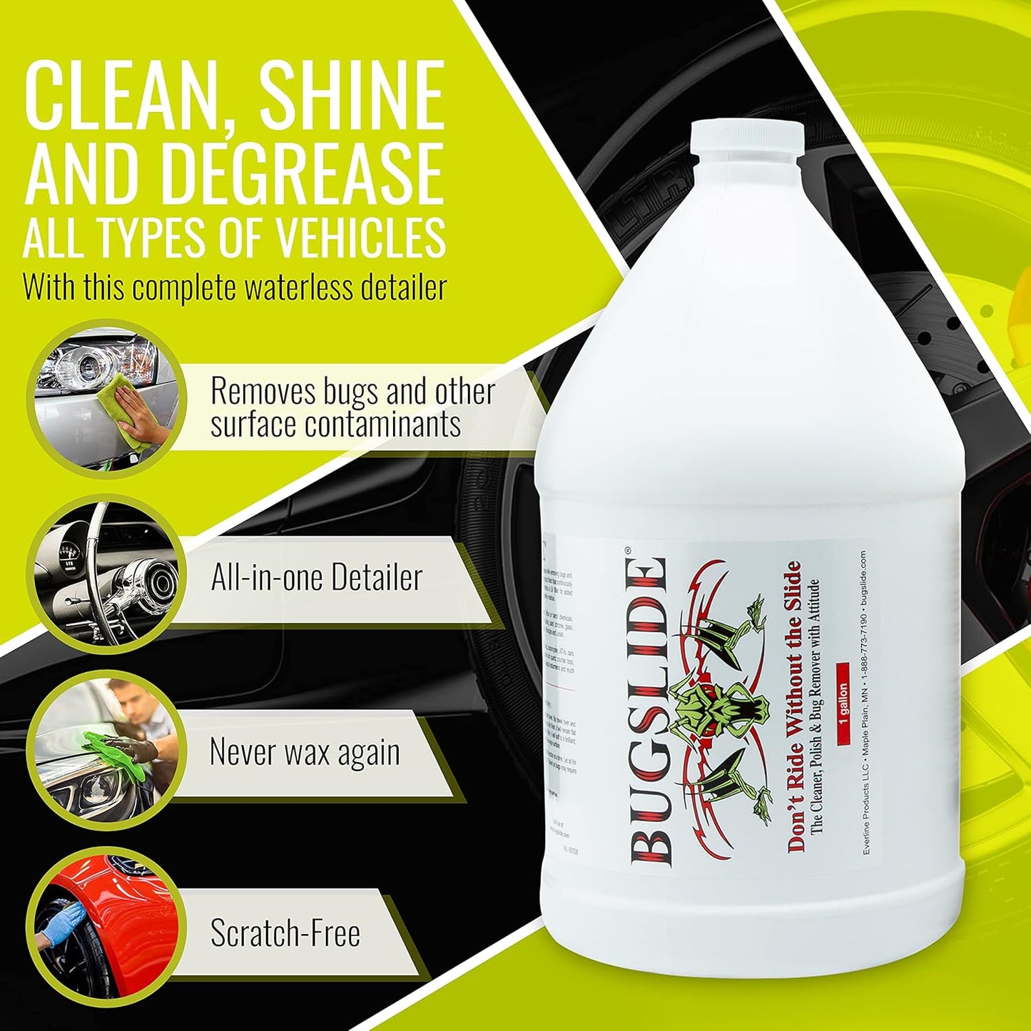 BugSlide 1 Gallon Cleaner Refill for Spray Bottles & Travel Kits - All Surfaces Cleaning and Detailing Solution for Vehicle Interior and Exterior Use - Shines, Degreases, Polishes
