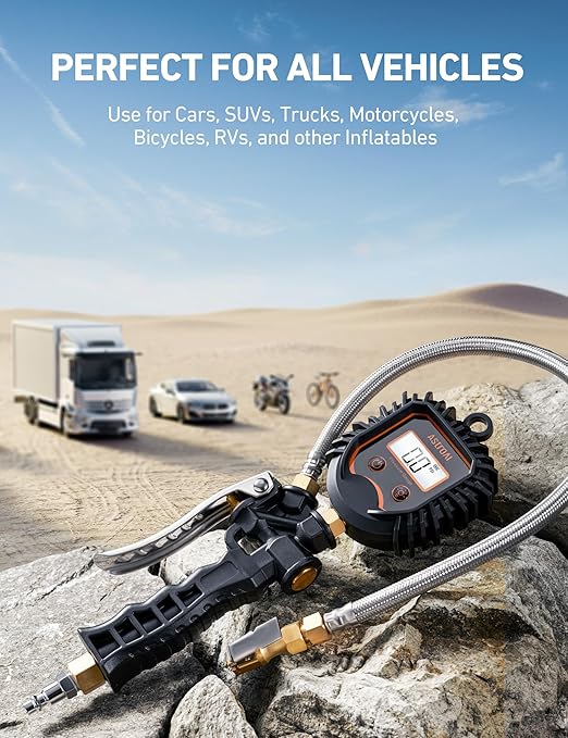 AstroAI Digital Tire Pressure Gauge, Heavy Duty Tire Inflator Gauge 250PSI Air Chuck Compressor Accessories with Stainless Braided Hose, Rotatable Dial&Quick Connect Coupler for Truck/RV/SUV