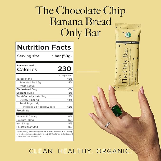 Truvani Plant Based Snack Bars | Chocolate Chip Banana Bread 12 Pack | 5g Protein | USDA Organic and Vegan | The Only Bar | Dairy, Soy, and Gluten Free | Individually Wrapped