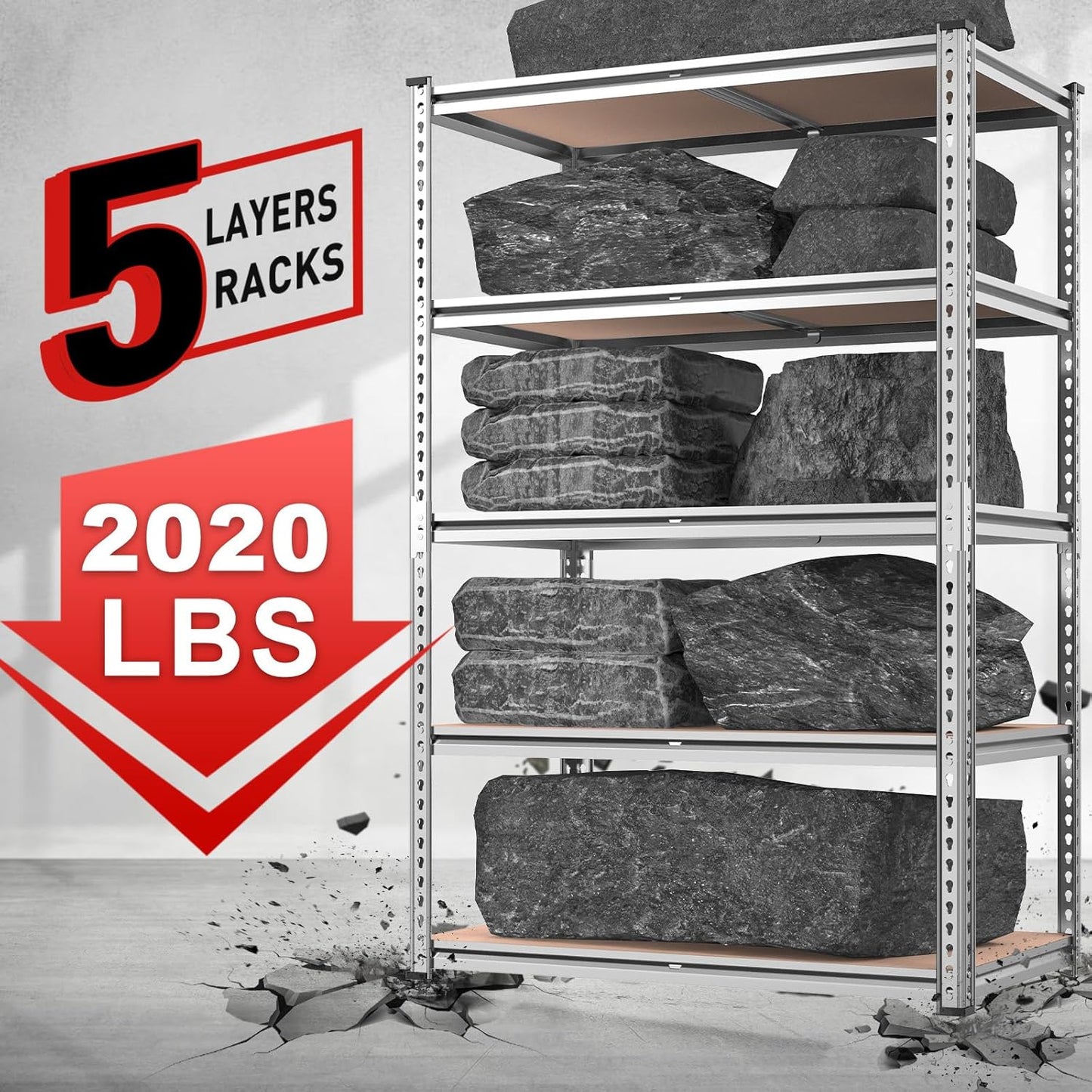 REIBII 2020LBS Garage Shelving Heavy Duty Metal Shelving 5 Tier Storage Shelves, Garage Shelves for Warehouse Basement, Easy Assembly, 72" H x 35.55" W x 16" D, Galvanized, 2 Pack