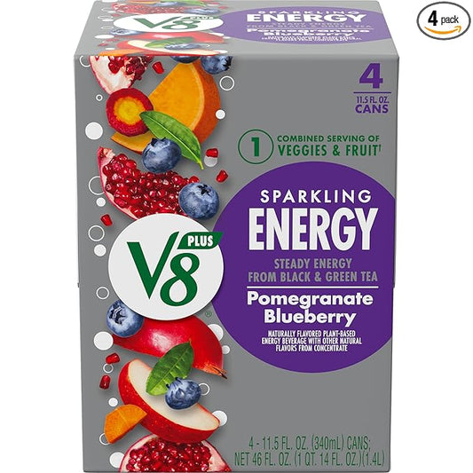 V8 +Energy Sparkling Pomegranate Blueberry Juice Energy Drink, 11.5 fl oz Can (4 Pack)