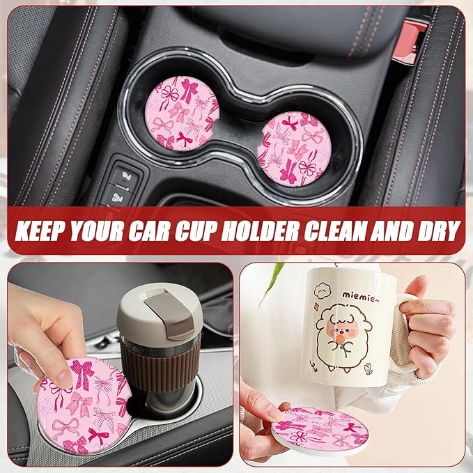 Pink Bow Car Coasters for Cup Holders, Absorbent Ceramic Car Coaster Car Cup Holder Coaster Car Accessories for Women Men (2 Pack)