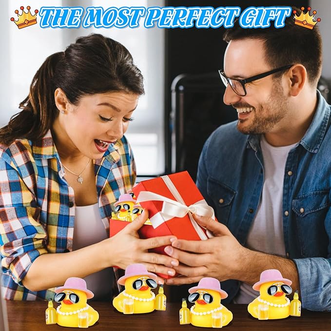 Funny Rubber Duck Car Dashboard Decor with Pink Hat, Pearl Necklace, Diamond Sunglasses, Beer Glass & Bottle - Squeaky Stress Reliever Accessory for Car Interior, Office Desk Decorations