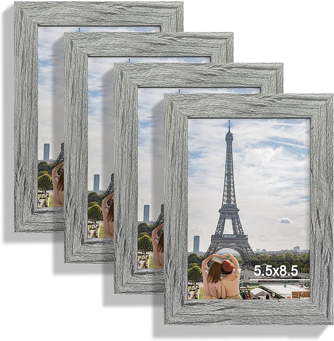 5.5x8.5 Picture Frame Set of 4, Made of Real Glass and Grey Frame, 5.5 by 8.5 Photo for Wall or Tabletop