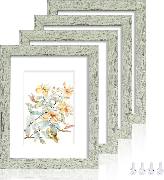 8x10 Picture Frame Set of 4, Made of Real Glass and Sage Green Wooden Frame, 8 by 10 Photo for Wall or Tabletop - Display Picture 5x7 with Mat or 8x10 Without Mat