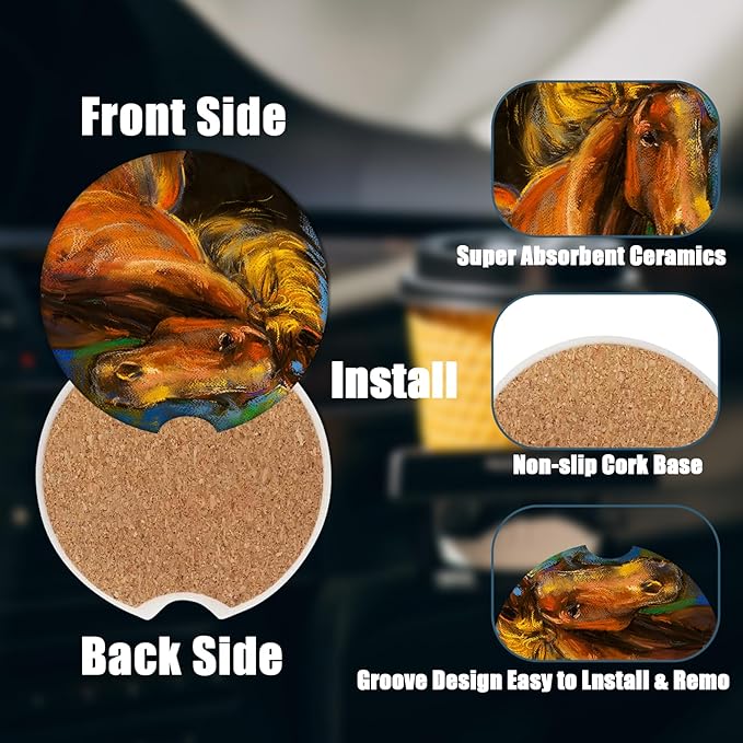 Car Cup Holder Coaster - Watercolor Horse Absorbent Ceramic Coaster 2 Pack, Car Coasters for Cup Holders, Fashion Car Interior Accessories Drink Coaster for Women & Men