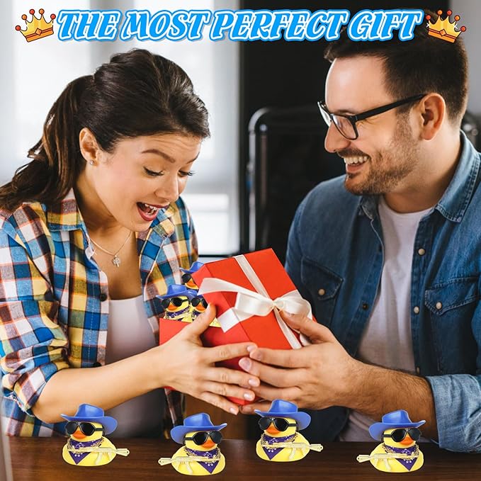 Cowboy Rubber Duck Car Ornaments with Gold Gun, Bandana, Cowboy Hat, Sunglasses, Necklace, Squeaky Car Dashboard Decor for Vehicles, Office, Home, Cool Accessories(Blue Hat)
