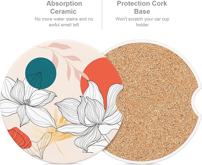 Car Cup Holder Coaster, Car Coasters for Cup Holders, 2 Pack Universal Anti Slip Insert Absorbent Ceramic Auto Interior Accessories with A Finger Notch & Cork Base, Lotus