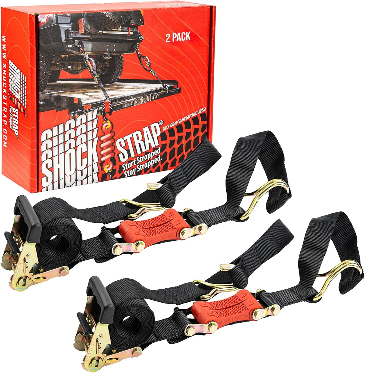Ratchet Strap, 9’ x 2” Shock Absorbing Heavy Duty Tie downs for Cargo, 2,000 LB WLL / 6,000 LB Break Strength, 2-Pack