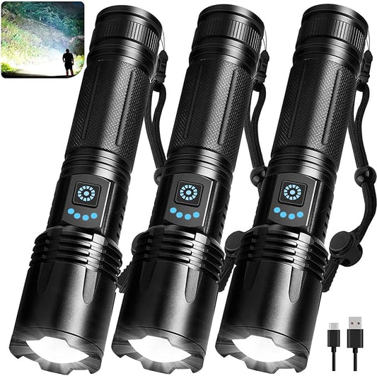 3 Pack Rechargeable Flashlights High Lumens, 99,000 Lumens Super Bright LED Flashlight for Home Camping, Handheld Flash Light Waterproof Flashlight with 5 Modes & Adjustable Function