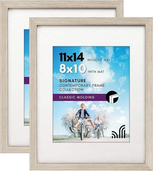 Americanflat 11x14 Picture Frame with Shatter-Resistant Glass - Set of 2 - Use as 8x10 Frame with Mat or Display 11x14 Photo Without Mat - Signature Collection - Picture Frames for Wall - Driftwood