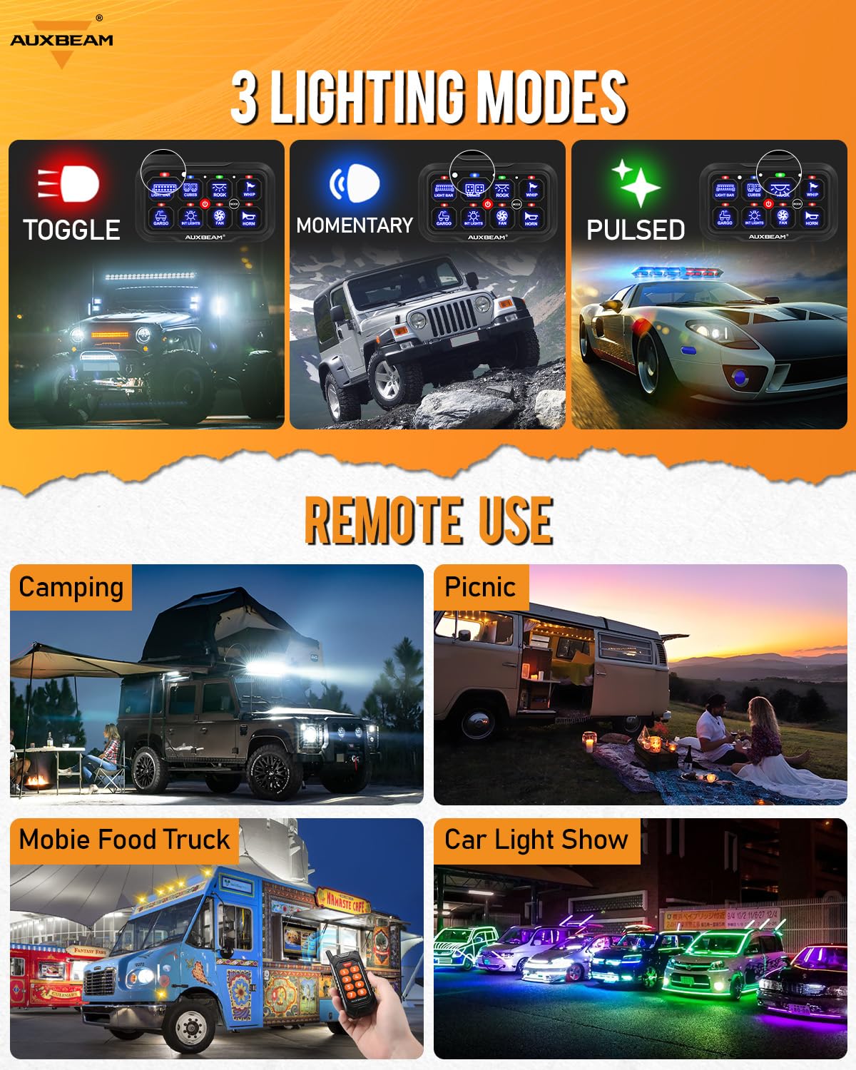 Auxbeam RC800 8 Gang Switch Panel RA84 RGB Wireless Remote Control Up to 165FT Range Automotive Switch Pod Featuring 3 Lighting Modes Backlit Off Waterproof for Car Boat Truck RV 2-Year Warranty