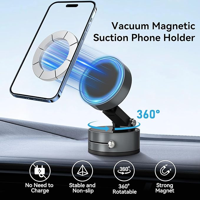 Magnetic Car Phone Mount - Ultra Strong Vacuum Suction Phone Holder for Dashboard/Windshield, Foldable 360° Adjustable Car Phone Mount Compatible with iPhone 16/15/14 & All Smartphones-817001B