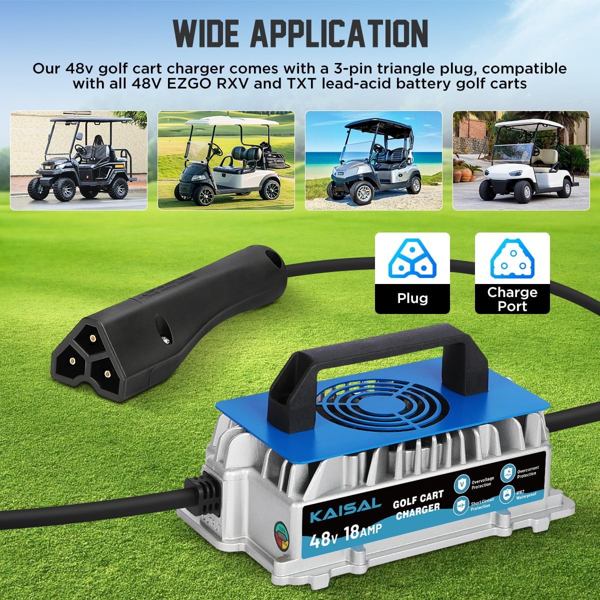 EZGO Golf Cart Charger 48 Volt 18 AMP Golf Cart Battery Charger 1250W for 48V EZ-GO RXV & TXT IP67 Waterproof 48V EZGO Charger 4-6 hrs Full Charge, 16FT Cable, for Lead-Acid Battery
