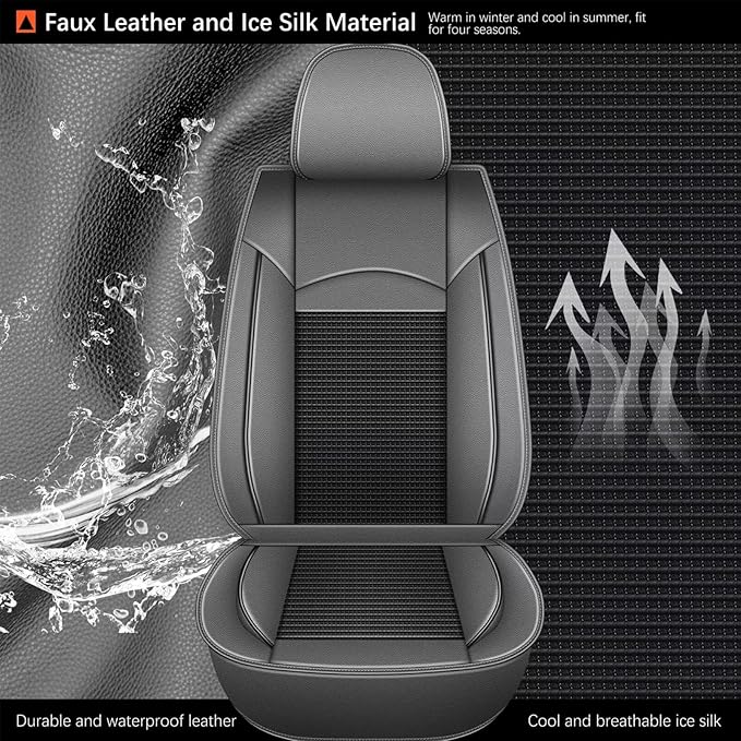 2 Front Seat Covers Fit for Nissan Frontier 2009-2024 2025: Car Seat Covers Leather Waterproof Ice Silk Breathable Car Seat Cushion Protector (2 Seats, Black & Grey)