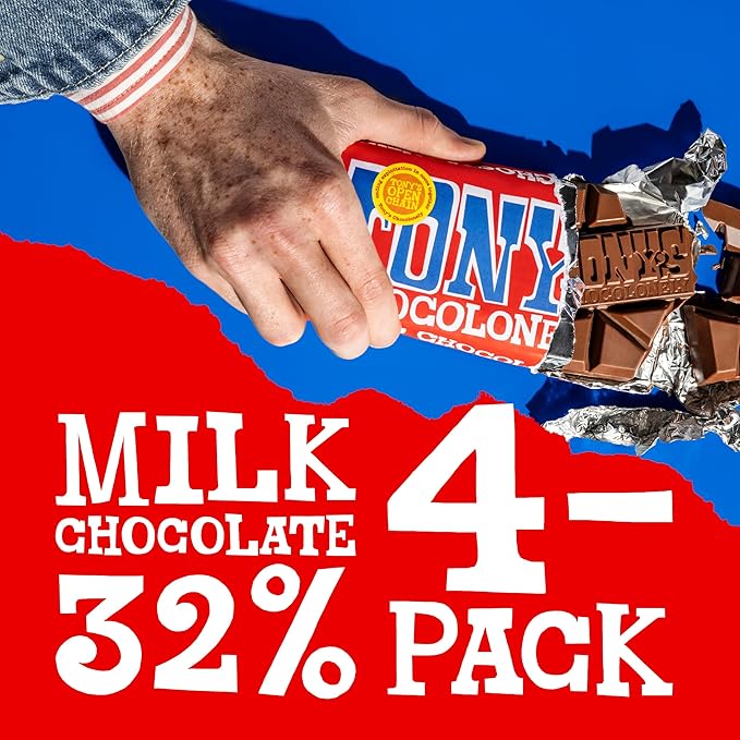 Tony’s Chocolonely Belgian Milk Chocolate Candy Bar, Pure Chocolate Bars for Snacks, Party Favors, Gifts, or Gift Basket, 32% Cacao, Made From Quality Fairtrade Cocoa, 4 Bars, 6.35 Oz Each