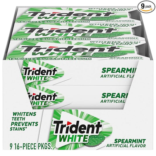 Trident White Spearmint Sugar-Free Chewing Gum, 9 Pack of 16 Pieces (144 Total Pieces)