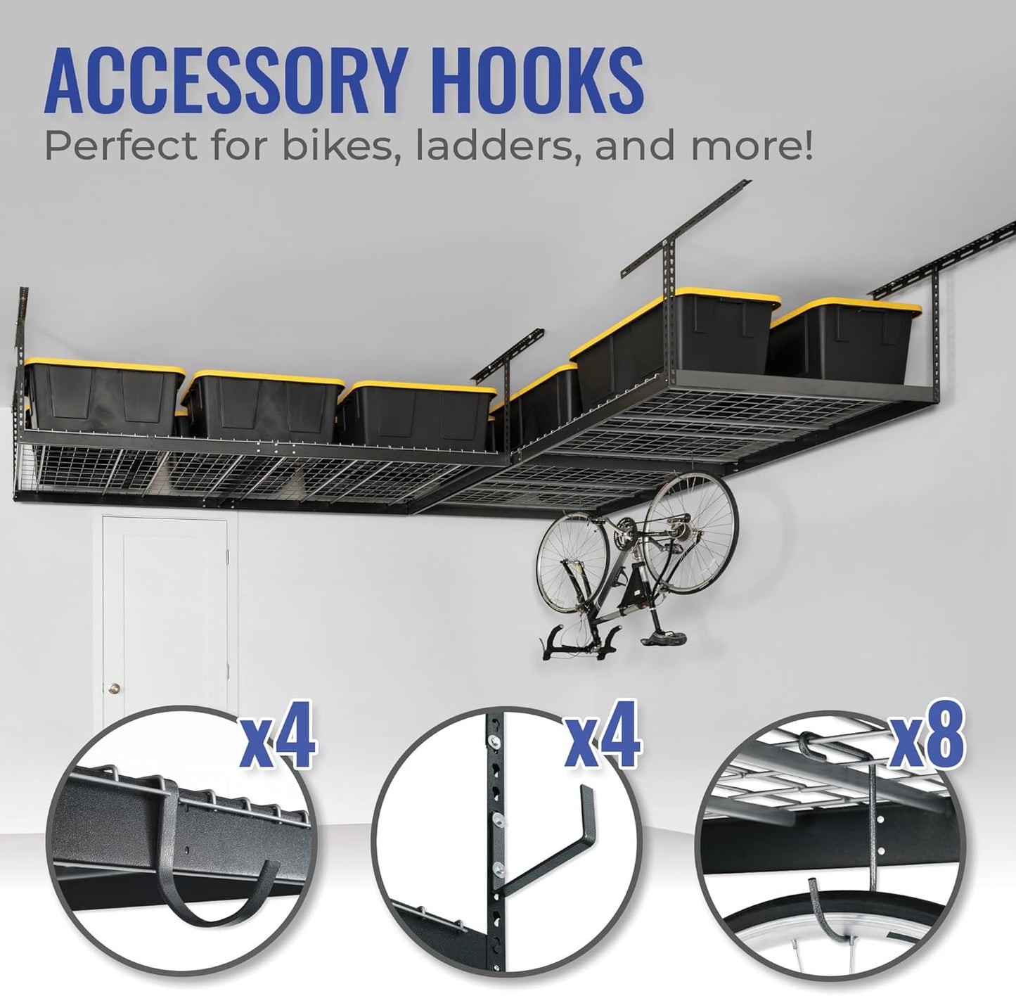 SafeRacks Heavy Duty Overhead Garage Storage Rack, 2-Pack 4x8 Hammertone, 12"-21", 600 lb Capacity, Adjustable Ceiling Mount