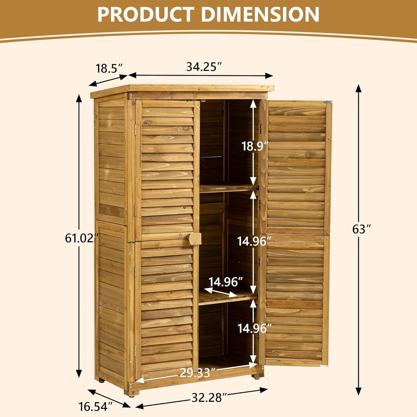 63 "H x 34.25 "L x 18.5 "W Vertical Garden Shed for Patio,Outdoor Wooden Storage Cabinet with Waterproof Roof, 2 Removable Shelves, and Adjustable Feet, Yard, and Garage,Natural Wood
