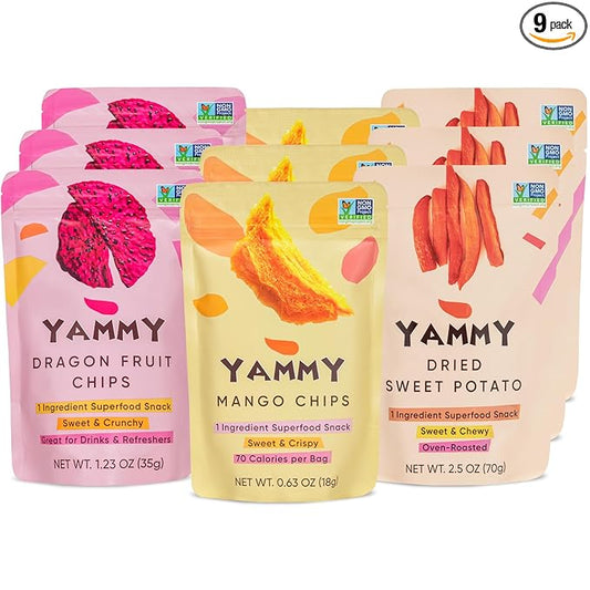 Yammy Dried Fruit Snack (Variety Pack of 9) No Sugar Added 1 Ingredient Healthy Snacks for Adults Kids, Sweet Potato Sticks, Freeze Dried Mango & Dragon Fruit Chips, Gluten Free Vegan Individual Packs